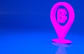 Pink Location bitcoin icon isolated on blue background. Physical bit coin. Blockchain based secure crypto currency