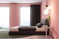 Pink loft bedroom interior, double bed side view Royalty Free Stock Photo