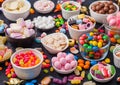 Pink lollipop candies in jar with various milk chocolate and jelly gums candies on black background with liquorice allsorts and Royalty Free Stock Photo