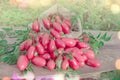 Pink long tomatoes in canvas bag. Fresh long tomato on a wooden table.