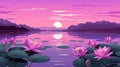Pink Lotus floating on pond landscape. Nature blooming lake waterlily flowers. Diwali greeting background concept Royalty Free Stock Photo