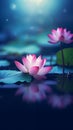 Pink lotus flower in full bloom is centered on a calm blue water surface, with a soft focus on floating leaves and a mystical,