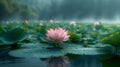 Pink lotus flower is in full bloom, with water droplets on its petals and leaves, reflecting on the calm water surface, amidst a Royalty Free Stock Photo