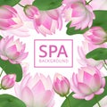 Pink lotus flowers background. Invitation healing to garden. Lotus wedding card vector template