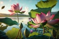 Pink lotus flowers blooming on lake blue sky background.  Generative ai Royalty Free Stock Photo