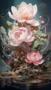 Pink lotus flowers with intricate details, set in a fantastical environment with swirling patterns and candlelight