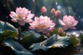 pink lotus flowers and leaves in the rain bokeh blurred background Royalty Free Stock Photo