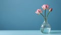 Pink lotus flowers in vase on blue background with copy space. Generative AI Royalty Free Stock Photo