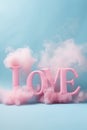 Pink LOVE text amidst ethereal clouds on a blue backdrop. Royalty Free Stock Photo