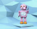 Pink low poly robot in pastel blue polygonal background