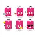Pink lugage cartoon character with various types of business emoticons Royalty Free Stock Photo