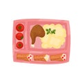 Pink lunch box with fresh tomatoes, mashed potatoes with chicken leg and pancakes with cottage cheese. Flat vector icon