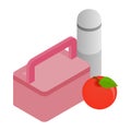 Pink lunch box, red apple and thermos icon