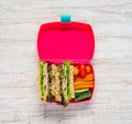 Pink Lunch Box with Sandwich and Vegetables