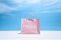 Pink luxury shopping bag on blue sky, springtime or summer sale and Valentine surprise offer promotion concept. generative ai