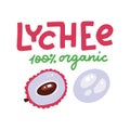 Pink lychee, open tropical exotic fruit. Organic healthy nutrition - vegetarian lichee. Made in cartoon flat style. Vector