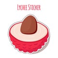 Pink lychee sticker, tropical exotic fruit label. Vector illustration