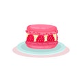 Pink macaron with fresh raspberry. Delicious dessert. Sweet food. Culinary theme. Flat vector for cafe menu or recipe