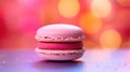 A pink macaron on a table with a bright background, AI