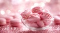 Pink macarons in a glass bowl on a pink glitter background Royalty Free Stock Photo