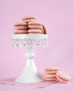 Pink macarons on white vintage style cake stand - vertical.