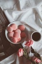 Pink macaroons with coffee cup and pink rose in vintage tone. Royalty Free Stock Photo