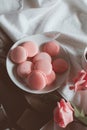 Pink macaroons with coffee cup and pink rose in vintage tone. Royalty Free Stock Photo