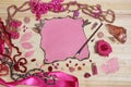 Pink and Magenta Jewelry With Flower and Blank Paper With Burned Edges Royalty Free Stock Photo