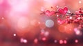 Pink magenta love heart shape decoration on cherry blossom tree branch. Bokeh blur defocused romantic background Royalty Free Stock Photo
