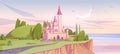 Pink magic castle on green sea cliff at morning Royalty Free Stock Photo