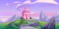 Pink magic castle princess or fairy palace on rock