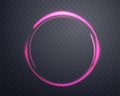 Pink magic ring with glowing. Neon realistic energy flare halo ring. Abstract light effect on a dark transparent