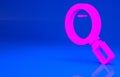 Pink Magnifying glass icon isolated on blue background. Search, focus, zoom, business symbol. Minimalism concept. 3d