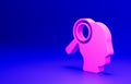 Pink Magnifying glass for search job icon isolated on blue background. Recruitment or selection concept. Search for