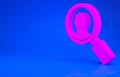 Pink Magnifying glass for search a people icon isolated on blue background. Recruitment or selection. Search for