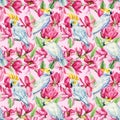 Pink magnolia and bird on an isolated white background, watercolor spring flowers. Seamless pattern with parrot Royalty Free Stock Photo