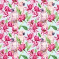 Pink magnolia and bird on an isolated white background, watercolor spring flowers. Seamless pattern with parrot Royalty Free Stock Photo