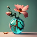 Pink Magnolia in Blue Vase, Still life, Minimalist, Generative Ai.