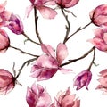 Pink magnolia floral botanical flowers. Watercolor background illustration set. Seamless background pattern.