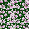 Pink Magnolia flower blossom illustration seamless pattern on green