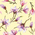 Pink magnolia flowers on a twig on light yellow background. Seamless pattern. Watercolor painting. Hand drawn. Royalty Free Stock Photo