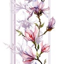 Pink magnolia flowers on a twig with shadow and vertical lines o