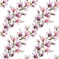 Pink magnolia flowers on a twig on white background. Seamless floral pattern. Diagonal arrangement. Watercolor painting. Royalty Free Stock Photo