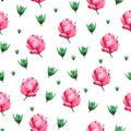 Pink magnolia among green leaves watercolor seamless pattern Royalty Free Stock Photo