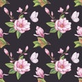 Pink magnolia seamless pattern. Branch flower, buds, leaves, white butterfly. Blooming floral clipart. Hand drawn Royalty Free Stock Photo