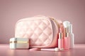 Pink make-up bag with cosmetic products. Illustration AI Generative