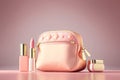 Pink make-up bag with cosmetic products. Illustration AI Generative