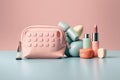 Pink make-up bag with cosmetic products. Illustration AI Generative