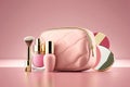 Pink make-up bag with cosmetic products. Illustration AI Generative