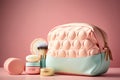 Pink make-up bag with cosmetic products. Illustration AI Generative